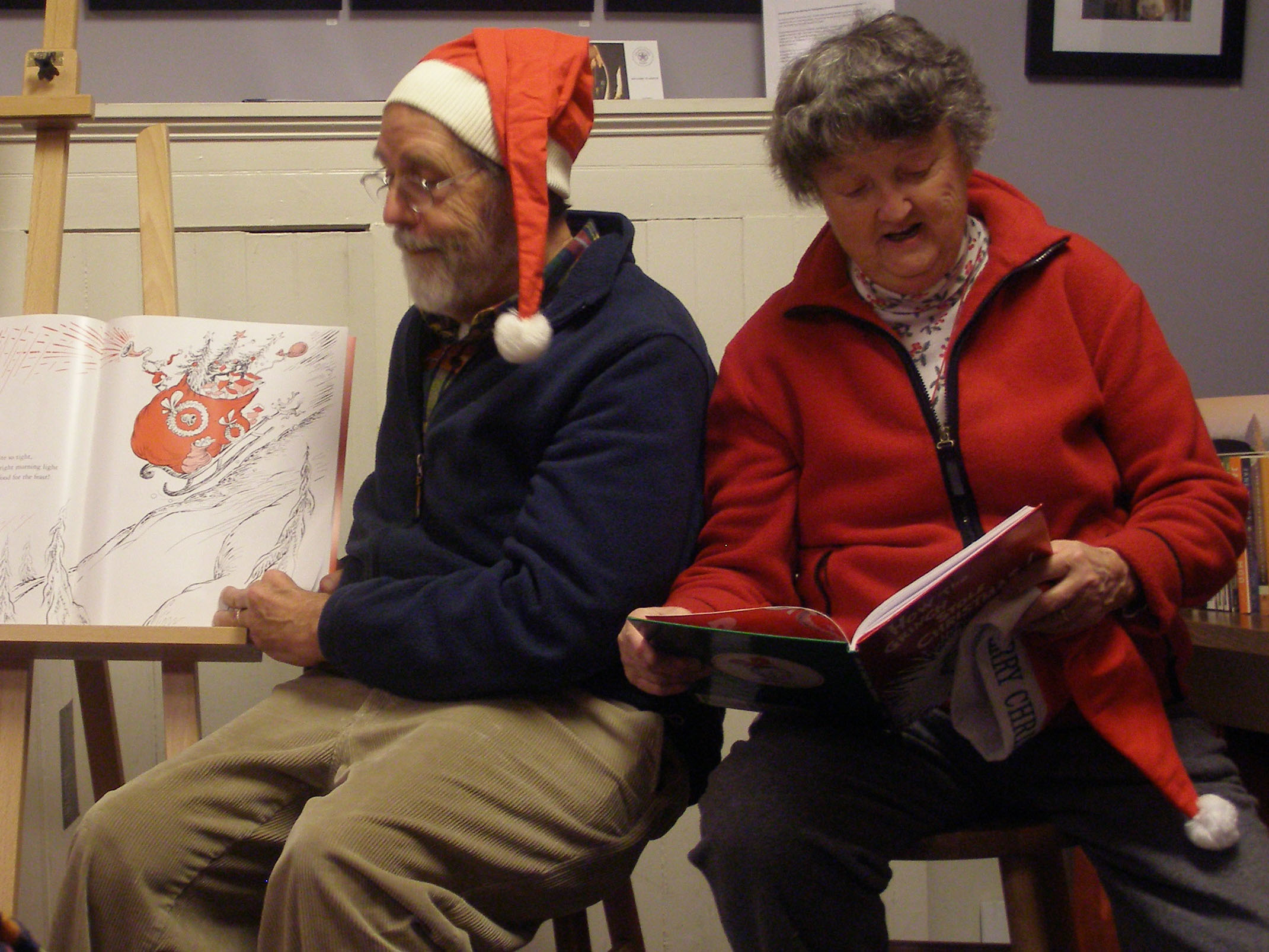 Thomas Chulak and Judy Staber read "How the Grinch Stole Christmas" and "A Snowy Day"