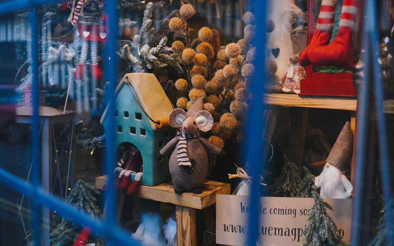 Small town shop window decorated for the holidays